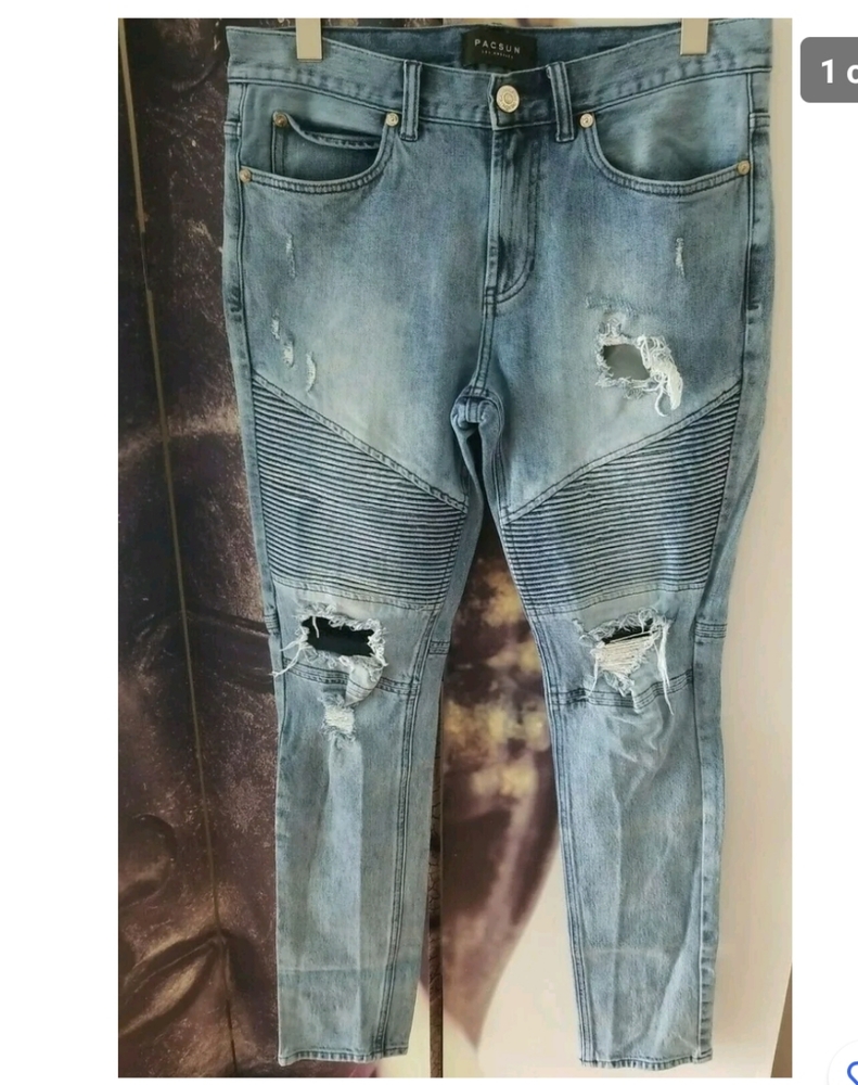 PacSun Mens Jeans 31 x 32 Stacked Skinny Moto Light Wash Distressed Ripped Denim